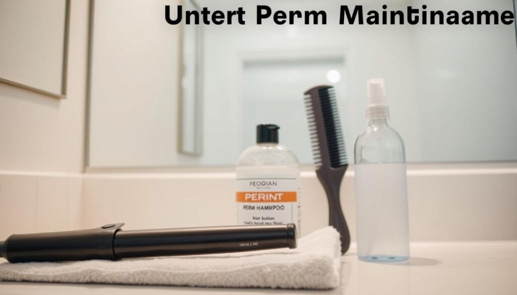 A well-lit bathroom counter, showcasing an array of perm hair care products. In the foreground, a curling iron and a jar of perm solution sit atop a plush, light-colored towel. In the middle ground, a bottle of perm shampoo, a wide-toothed comb, and a spray bottle filled with a conditioning mist stand ready. The background features a mirror with soft, diffused lighting, reflecting the tranquil atmosphere. The scene conveys a sense of routine and care, perfectly capturing the essence of "Understanding Perm Maintenance." A well-lit bathroom counter, showcasing an array of perm hair care products. In the foreground, a curling iron and a jar of perm solution sit atop a plush, light-colored towel. In the middle ground, a bottle of perm shampoo, a wide-toothed comb, and a spray bottle filled with a conditioning mist stand ready. The background features a mirror with soft, diffused lighting, reflecting the tranquil atmosphere. The scene conveys a sense of routine and care, perfectly capturing the essence of "Understanding Perm Maintenance."