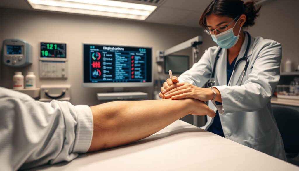 A well-lit, clinical examination room with a medical professional conducting a thorough blood donation eligibility screening. In the foreground, a person's arm rests on a sterile surface as the doctor examines it, gauging vein visibility and assessing any potential issues. The middle ground features a display showing vital signs and a checklist of screening criteria. In the background, medical equipment and supplies, conveying a sense of professionalism and attention to detail. The overall mood is one of diligence and care, with the lighting and composition guiding the viewer's focus to the critical aspects of the eligibility assessment process.