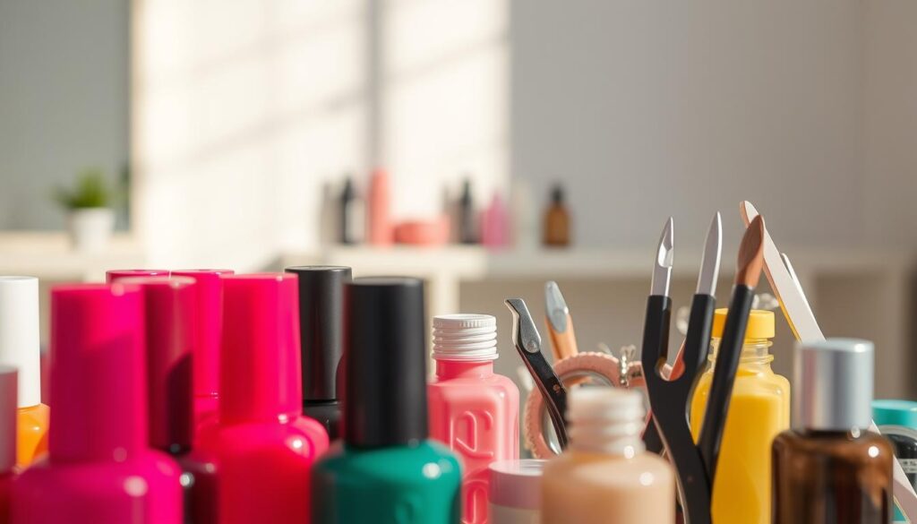A well-lit, close-up composition showcasing various nail service factors. In the foreground, an array of nail polish bottles in vibrant colors, arranged neatly. In the middle ground, manicure tools such as nail files, cuticle trimmers, and buffers, casting subtle shadows. The background depicts a minimalist, neutral-toned salon setting, with soft, diffused lighting creating a calming, professional atmosphere. The overall scene conveys the attention to detail, high-quality materials, and meticulous care associated with premium nail services. A well-lit, close-up composition showcasing various nail service factors. In the foreground, an array of nail polish bottles in vibrant colors, arranged neatly. In the middle ground, manicure tools such as nail files, cuticle trimmers, and buffers, casting subtle shadows. The background depicts a minimalist, neutral-toned salon setting, with soft, diffused lighting creating a calming, professional atmosphere. The overall scene conveys the attention to detail, high-quality materials, and meticulous care associated with premium nail services.