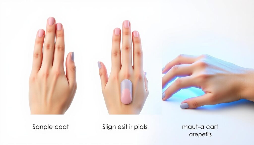 A well-lit close-up of a hand demonstrating the proper application of a gel manicure. The hand is positioned against a crisp white background, showcasing each step in meticulous detail. In the foreground, we see the hand carefully applying a base coat, followed by the application of the gel polish in the middle ground. The final layer features the hand curing the gel under a UV/LED lamp, with a soft, diffused glow illuminating the process. The overall mood is clean, clinical, and educational, guiding the viewer through the key stages of a safe and effective gel manicure application.