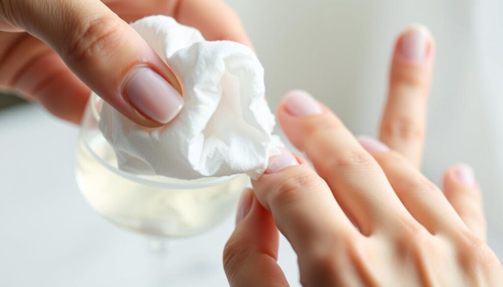 A well-lit close-up of a hand holding a cotton ball soaked in clear, translucent acetone liquid. The hand is carefully applying the acetone-dampened cotton to the surface of acrylic nails on the other hand, gently working to dissolve and remove the artificial nail material. The background is blurred, with a soft, diffused lighting that creates a serene, focused atmosphere. The image conveys the delicate, controlled process of acetone-based acrylic removal, highlighting the importance of proper technique and safety when undertaking this DIY procedure at home. A well-lit close-up of a hand holding a cotton ball soaked in clear, translucent acetone liquid. The hand is carefully applying the acetone-dampened cotton to the surface of acrylic nails on the other hand, gently working to dissolve and remove the artificial nail material. The background is blurred, with a soft, diffused lighting that creates a serene, focused atmosphere. The image conveys the delicate, controlled process of acetone-based acrylic removal, highlighting the importance of proper technique and safety when undertaking this DIY procedure at home.