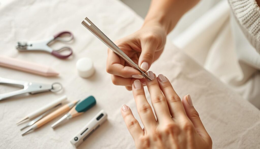 A well-lit close-up of a woman's hands preparing her nails for a manicure. The foreground shows her trimming and filing her nails with precision, revealing a clean, even shape. The middle ground showcases an array of nail care tools like cuticle pushers, buffers, and nail clippers arranged neatly. The background features a soft, blurred neutral-toned surface, creating a serene, spa-like atmosphere. The lighting is natural and diffused, accentuating the textures and details of the nail prep process. The overall mood is one of focus, care, and attention to detail. A well-lit close-up of a woman's hands preparing her nails for a manicure. The foreground shows her trimming and filing her nails with precision, revealing a clean, even shape. The middle ground showcases an array of nail care tools like cuticle pushers, buffers, and nail clippers arranged neatly. The background features a soft, blurred neutral-toned surface, creating a serene, spa-like atmosphere. The lighting is natural and diffused, accentuating the textures and details of the nail prep process. The overall mood is one of focus, care, and attention to detail.