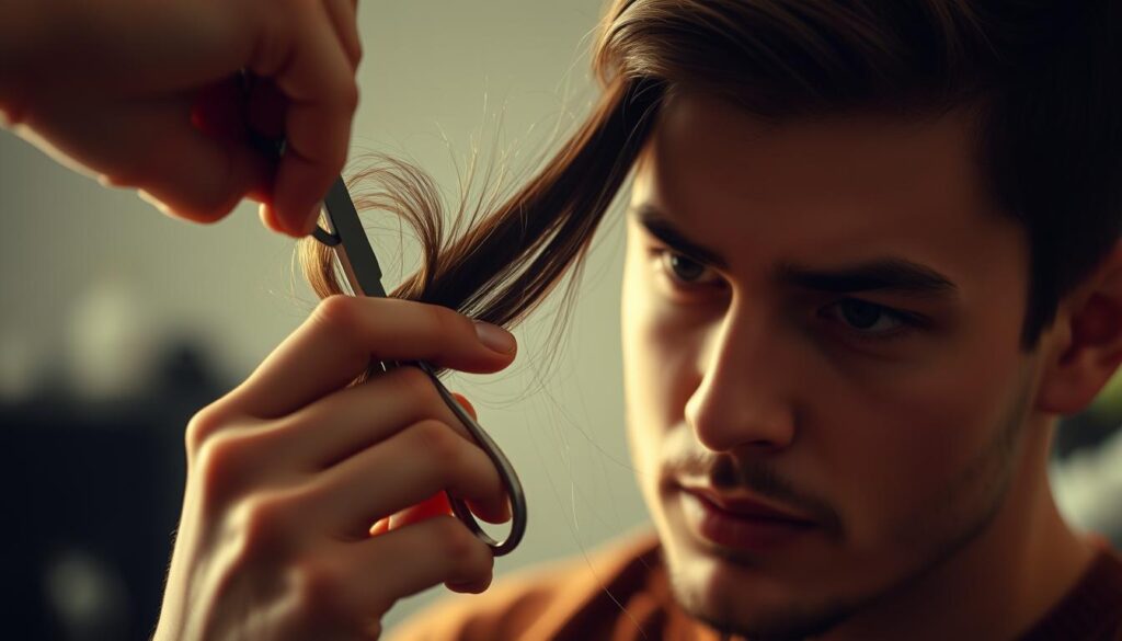 A well-lit, close-up scene of a person carefully trimming their own hair with a pair of sharp scissors. The focus is on the hands and face, with a neutral, concentrated expression. The background is blurred, creating a sense of depth and drawing the viewer's attention to the DIY haircut process. The lighting is soft and diffused, creating gentle shadows and highlights that accentuate the texture and movement of the hair. The overall tone is one of precision, focus, and a hint of experimentation, reflecting the pros and cons of taking a DIY approach to haircuts. A well-lit, close-up scene of a person carefully trimming their own hair with a pair of sharp scissors. The focus is on the hands and face, with a neutral, concentrated expression. The background is blurred, creating a sense of depth and drawing the viewer's attention to the DIY haircut process. The lighting is soft and diffused, creating gentle shadows and highlights that accentuate the texture and movement of the hair. The overall tone is one of precision, focus, and a hint of experimentation, reflecting the pros and cons of taking a DIY approach to haircuts.