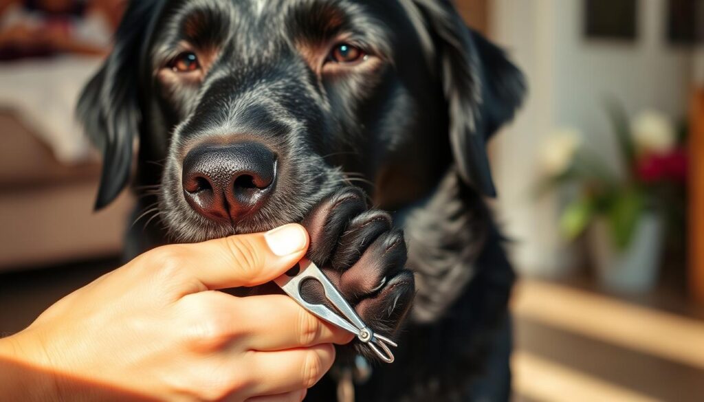 A well-lit, close-up scene of a person gently holding a calm, black dog's paw as they prepare to trim the dog's nails. The person's hands are positioned delicately, with nail clippers at the ready. The dog's face is relaxed, suggesting a positive, trust-filled experience. The background is a soft, blurred domestic setting, hinting at the comfort of the dog's home environment. Warm, natural lighting casts a soothing glow, creating an atmosphere of care and attentiveness. The overall mood is one of patience, reassurance, and the thoughtful preparation for a stress-free grooming session.