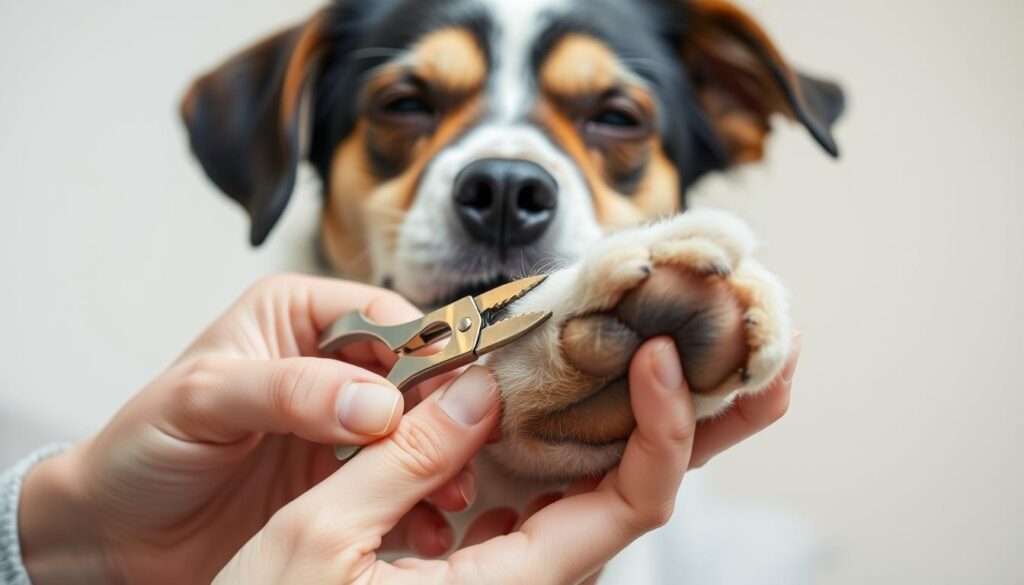 A well-lit, close-up scene of a person gently holding a dog's paw and carefully trimming its nails with a pair of sharp, stainless steel nail clippers. The dog's face is relaxed, conveying a sense of trust and comfort. The background is a soft, neutral-toned interior, with a soothing, calming atmosphere. The lighting is evenly distributed, creating clear, defined shadows and highlights that accentuate the delicate nature of the task. The composition places the dog's paw and the person's hands in the center, emphasizing the importance of the safe, proper nail trimming technique.