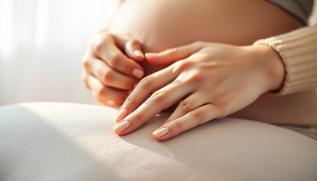 A well-lit, close-up scene of a pregnant woman's hands carefully applying nail polish to her neatly trimmed, healthy-looking nails. The woman's fingers are delicate and graceful, with a slight swell to the joints, resting on a soft, neutral-colored surface. Warm, natural lighting filters in from the side, casting a gentle glow and subtle shadows that accentuate the texture and curvature of the nails. The nail polish is a soft, shimmering pastel shade, applied with precise, careful strokes. The overall mood is one of tranquility, self-care, and the gentle embrace of pregnancy.