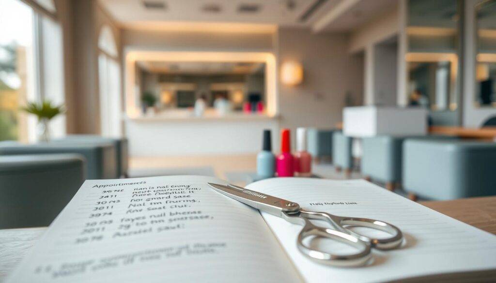A well-lit, close-up scene of a stylized, realistic-looking nail appointment scheduling overview. The foreground features an open appointment book with neat handwritten entries, a pair of silver nail scissors, and a few colorful nail polish bottles. The middle ground showcases a modern, minimalist nail salon interior with sleek furniture and muted tones. The background softly blurs out, creating a serene, calming atmosphere. Crisp, natural lighting accentuates the textures and details, conveying a sense of professionalism and organization. The overall composition strikes a balance between functional practicality and aesthetic appeal, visually communicating the concept of "overview of nail appointment timings". A well-lit, close-up scene of a stylized, realistic-looking nail appointment scheduling overview. The foreground features an open appointment book with neat handwritten entries, a pair of silver nail scissors, and a few colorful nail polish bottles. The middle ground showcases a modern, minimalist nail salon interior with sleek furniture and muted tones. The background softly blurs out, creating a serene, calming atmosphere. Crisp, natural lighting accentuates the textures and details, conveying a sense of professionalism and organization. The overall composition strikes a balance between functional practicality and aesthetic appeal, visually communicating the concept of "overview of nail appointment timings".