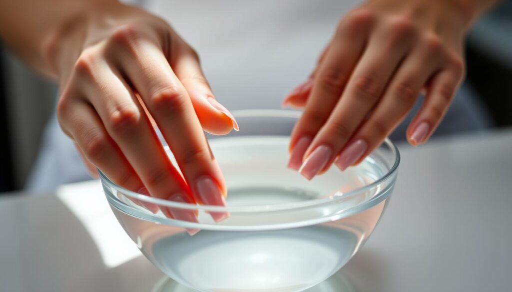A well-lit, close-up shot of a manicured hand soaking acrylic nails in a glass container filled with clear acetone. The fingers are delicately positioned, showcasing the process of nail removal. The background is blurred, maintaining the focus on the hands and the acetone soak. Soft, directional lighting from the side creates subtle shadows, emphasizing the textures and details. The overall mood is calm and clinical, conveying the step-by-step nature of the nail removal procedure.