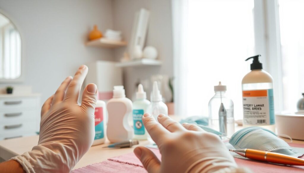 A well-lit, close-up shot of a nail technician's workspace, showcasing various tools and safety equipment. In the foreground, a pair of gloved hands demonstrate proper nail file technique. In the middle ground, bottles of disinfectant, a sterilized nail drill, and a protective mask are neatly arranged. The background features a clean, organized salon setting with a large window allowing natural light to flood the scene, creating a bright and professional atmosphere. The overall composition emphasizes the importance of safety and attention to detail in the nail care industry. A well-lit, close-up shot of a nail technician's workspace, showcasing various tools and safety equipment. In the foreground, a pair of gloved hands demonstrate proper nail file technique. In the middle ground, bottles of disinfectant, a sterilized nail drill, and a protective mask are neatly arranged. The background features a clean, organized salon setting with a large window allowing natural light to flood the scene, creating a bright and professional atmosphere. The overall composition emphasizes the importance of safety and attention to detail in the nail care industry.