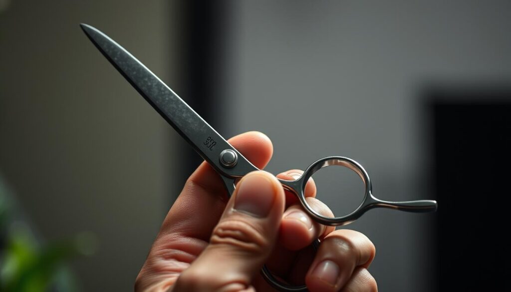 A well-lit close-up shot of a pair of professional hair cutting shears held in a proper hand grip, with the fingers gently yet firmly curled around the handles. The shears are positioned at a slight angle, highlighting the sharp blades and tension adjustment screw. The background is blurred, drawing the viewer's attention to the intricate details of the shears and the hand holding them. The lighting casts subtle shadows, emphasizing the contours and texture of the metal. The overall mood is one of precision, expertise, and the careful attention required for a perfect hair trimming experience. A well-lit close-up shot of a pair of professional hair cutting shears held in a proper hand grip, with the fingers gently yet firmly curled around the handles. The shears are positioned at a slight angle, highlighting the sharp blades and tension adjustment screw. The background is blurred, drawing the viewer's attention to the intricate details of the shears and the hand holding them. The lighting casts subtle shadows, emphasizing the contours and texture of the metal. The overall mood is one of precision, expertise, and the careful attention required for a perfect hair trimming experience.