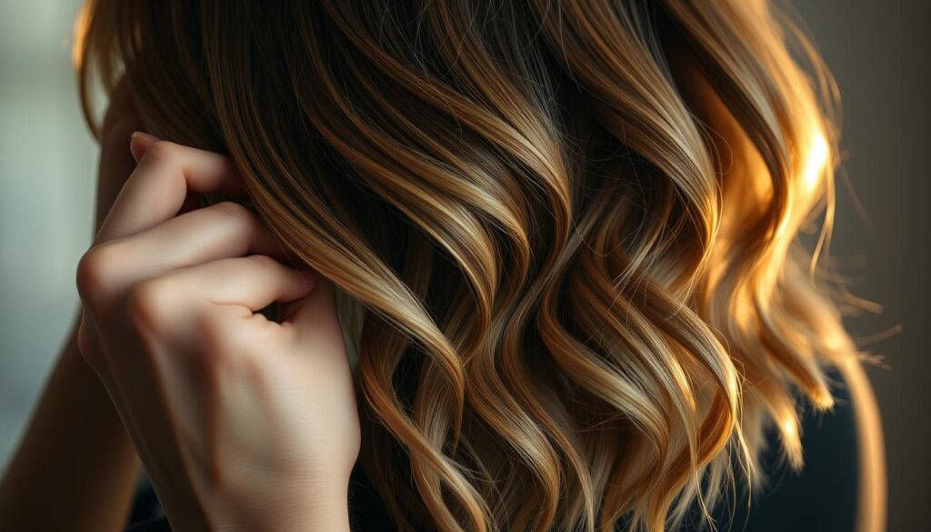 A well-lit close-up shot of a person's hands gently combing through layered, shoulder-length hair with delicate, intentional movements. The hair has a soft, glossy sheen and flows in cascading waves, showcasing the intricate, graduated layers. Diffused, warm lighting from the side creates dimensional shadows, highlighting the texture and volume of the hair. The background is slightly blurred, maintaining focus on the intricate hairstyling process. The overall mood is serene, focused, and showcases the art of maintaining a layered haircut.