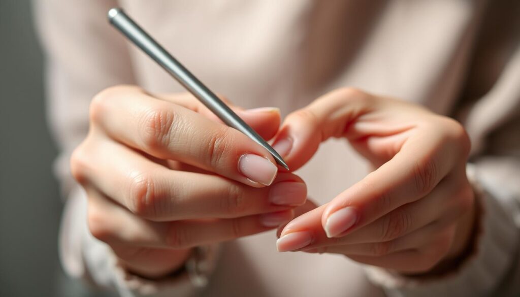 A well-lit, close-up shot of a person's hands performing an acrylic nail maintenance routine. The hands are delicately filing and buffing the nails, revealing their glossy, well-maintained surface. The background is blurred, focusing attention on the intricate, precise movements. Soft, diffused lighting illuminates the scene, casting subtle shadows that accentuate the texture and shape of the nails. The overall mood is one of calm, focus, and attention to detail, reflecting the care and dedication required to maintain healthy, beautiful acrylic nails. A well-lit, close-up shot of a person's hands performing an acrylic nail maintenance routine. The hands are delicately filing and buffing the nails, revealing their glossy, well-maintained surface. The background is blurred, focusing attention on the intricate, precise movements. Soft, diffused lighting illuminates the scene, casting subtle shadows that accentuate the texture and shape of the nails. The overall mood is one of calm, focus, and attention to detail, reflecting the care and dedication required to maintain healthy, beautiful acrylic nails.