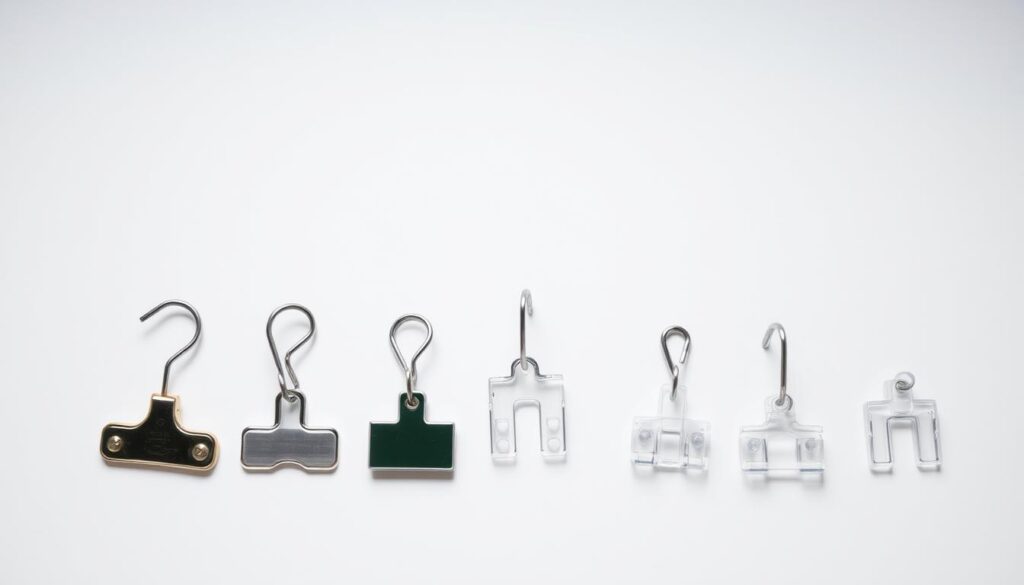 A well-lit, close-up shot of a variety of picture hangers against a clean, neutral background. The hangers should be positioned neatly and evenly, showcasing their diverse designs and materials, such as metal hooks, adhesive strips, and transparent acrylic clips. The lighting should accentuate the texture and finish of the hangers, creating a sense of quality and attention to detail. The overall composition should have a minimalist, yet elegant aesthetic, conveying the simplicity and versatility of these essential picture-hanging tools.