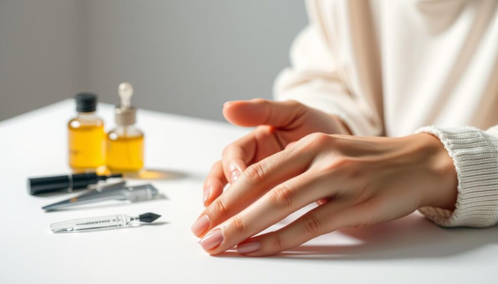 A well-lit, close-up shot of a woman's hands as she diligently cares for her nails. In the foreground, her hands are positioned on a clean, white surface, fingers outstretched to reveal neatly trimmed, filed, and buffed nails. Soft, directional lighting accentuates the contours of her hands, creating a sense of tranquility and focus. In the middle ground, an array of essential nail care tools are neatly arranged, including a glass nail file, cuticle pusher, and a bottle of nourishing nail oil. The background is blurred, creating a minimalist, studio-like setting that emphasizes the importance of this self-care ritual. The overall mood is one of intentionality, discipline, and a reverence for the subtle beauty of healthy, well-maintained nails. A well-lit, close-up shot of a woman's hands as she diligently cares for her nails. In the foreground, her hands are positioned on a clean, white surface, fingers outstretched to reveal neatly trimmed, filed, and buffed nails. Soft, directional lighting accentuates the contours of her hands, creating a sense of tranquility and focus. In the middle ground, an array of essential nail care tools are neatly arranged, including a glass nail file, cuticle pusher, and a bottle of nourishing nail oil. The background is blurred, creating a minimalist, studio-like setting that emphasizes the importance of this self-care ritual. The overall mood is one of intentionality, discipline, and a reverence for the subtle beauty of healthy, well-maintained nails.