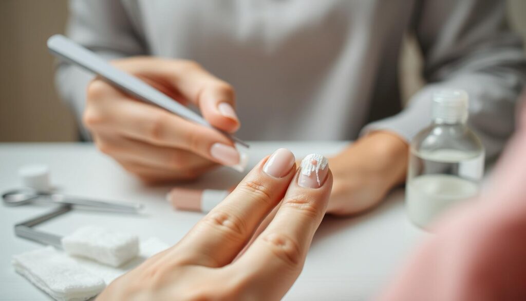 A well-lit close-up shot of a woman's hands delicately removing nail glue, revealing the natural nails underneath. The foreground focuses on the fingers gently peeling off the dried adhesive, while the middle ground shows various nail care tools like tweezers, cotton pads, and a small bowl of acetone solution. The background is blurred, suggesting a clean, minimalist setting. The lighting is soft and diffused, casting a warm, inviting glow on the scene. The overall mood is one of precision, care, and relief as the nails are liberated from the stubborn glue. A well-lit close-up shot of a woman's hands delicately removing nail glue, revealing the natural nails underneath. The foreground focuses on the fingers gently peeling off the dried adhesive, while the middle ground shows various nail care tools like tweezers, cotton pads, and a small bowl of acetone solution. The background is blurred, suggesting a clean, minimalist setting. The lighting is soft and diffused, casting a warm, inviting glow on the scene. The overall mood is one of precision, care, and relief as the nails are liberated from the stubborn glue.