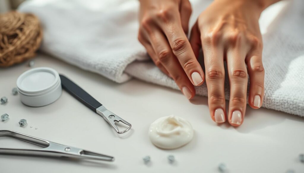 A well-lit, close-up shot of a woman's hands gently massaging and caring for her nails and cuticles. Her fingers are delicately positioned, with a nail file, cuticle nipper, and moisturizing cream visible on a clean, minimalist surface. The lighting is soft and diffused, creating a serene, spa-like atmosphere. The focus is on the intricate details of the nail and cuticle care routine, emphasizing the importance of maintaining healthy, well-groomed nails. The image conveys a sense of relaxation, self-care, and attention to personal grooming.