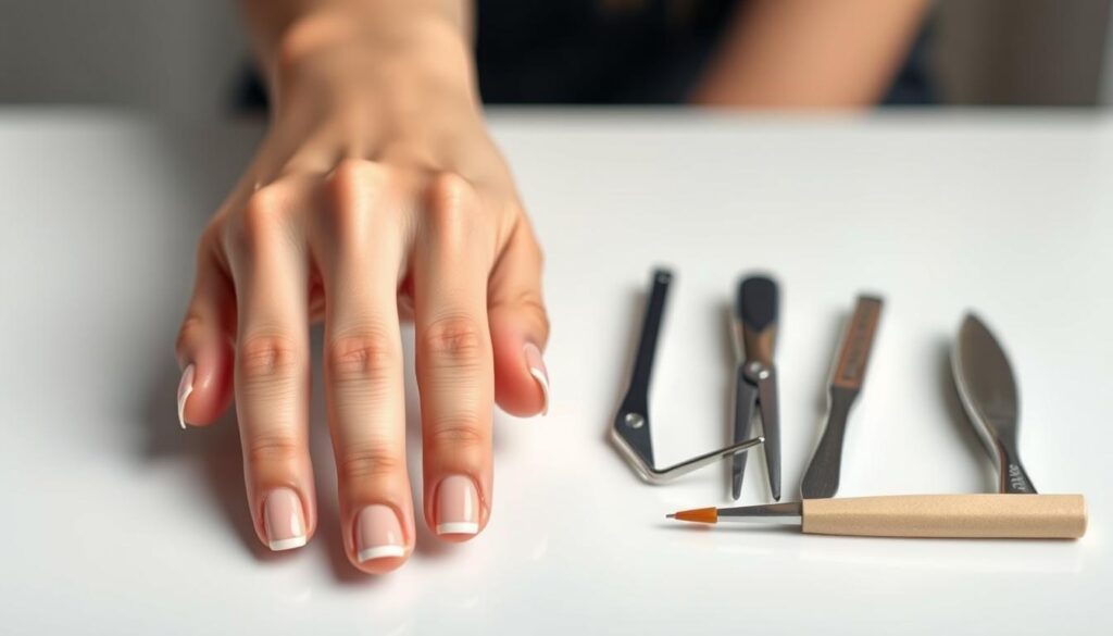 A well-lit close-up shot of a woman's hands, neatly manicured with freshly applied acrylic nails. In the foreground, her hands are shown in a relaxed, natural position, showcasing the healthy-looking acrylic nails. The middle ground features various acrylic nail care tools, such as a nail file, cuticle pusher, and nail buffer, neatly arranged on a clean, minimalist surface. The background is softly blurred, creating a sense of focus on the central elements. The lighting is bright and even, accentuating the glossy finish of the acrylic nails and the clean, professional appearance of the nail care tools. The overall mood is one of expertise, attention to detail, and a commitment to maintaining beautiful, long-lasting acrylic nails.