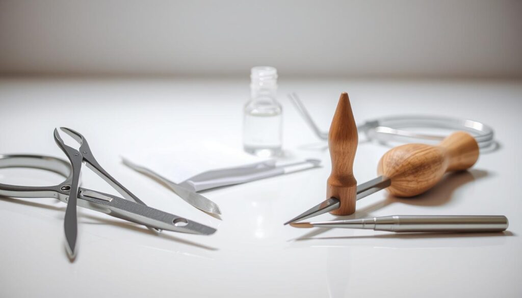 A well-lit, close-up shot of an array of nail care tools arranged neatly on a clean, white surface. In the foreground, a pair of cuticle nippers, a nail file, and a wooden cuticle pusher stand upright, their metal and wooden textures catching the soft, diffused light. In the middle ground, a small bottle of nail glue remover, a cotton pad, and a pair of tweezers are positioned, hinting at the preparation process. The background is slightly blurred, but a faint reflection of the tools can be seen on the smooth, glossy surface, creating a sense of depth and refinement. The overall mood is one of care, precision, and attention to detail, befitting the delicate task of removing nail glue safely and gently. A well-lit, close-up shot of an array of nail care tools arranged neatly on a clean, white surface. In the foreground, a pair of cuticle nippers, a nail file, and a wooden cuticle pusher stand upright, their metal and wooden textures catching the soft, diffused light. In the middle ground, a small bottle of nail glue remover, a cotton pad, and a pair of tweezers are positioned, hinting at the preparation process. The background is slightly blurred, but a faint reflection of the tools can be seen on the smooth, glossy surface, creating a sense of depth and refinement. The overall mood is one of care, precision, and attention to detail, befitting the delicate task of removing nail glue safely and gently.