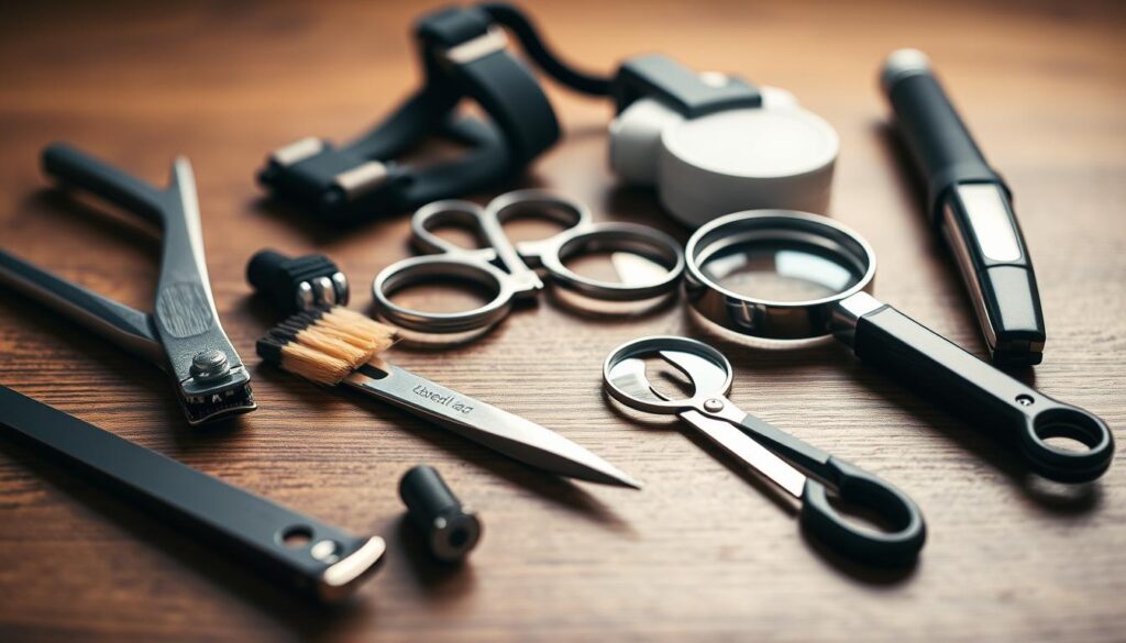 A well-lit close-up shot of an assortment of professional tools for trimming dark dog nails, arranged neatly on a wooden surface. The foreground features sharp pet nail clippers, a nail file, and a small brush for cleaning. The middle ground showcases a small pair of scissors and a magnifying glass, useful for precision work. In the background, a pair of sturdy dog paw restraints and a soothing paw balm create a comprehensive toolkit for safely and comfortably grooming a dog's dark nails at home. The lighting is soft and diffused, creating a calming, focused atmosphere to illustrate the "How to Cut Black Dog Nails: Tools and Techniques" section.