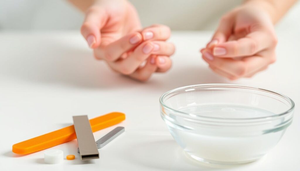A well-lit, close-up shot of various acetone-free nail removal tools and methods, including a nail file, orange stick, and a bowl of warm soapy water. The foreground features the tools arranged neatly, showcasing their purpose and effectiveness. The middle ground depicts hands gently removing acrylic nails, demonstrating the process. The background provides a clean, minimalist setting, allowing the focus to remain on the nail removal techniques. The overall mood is calm, informative, and visually appealing, suitable for an article on safe, acetone-free acrylic nail removal. A well-lit, close-up shot of various acetone-free nail removal tools and methods, including a nail file, orange stick, and a bowl of warm soapy water. The foreground features the tools arranged neatly, showcasing their purpose and effectiveness. The middle ground depicts hands gently removing acrylic nails, demonstrating the process. The background provides a clean, minimalist setting, allowing the focus to remain on the nail removal techniques. The overall mood is calm, informative, and visually appealing, suitable for an article on safe, acetone-free acrylic nail removal.