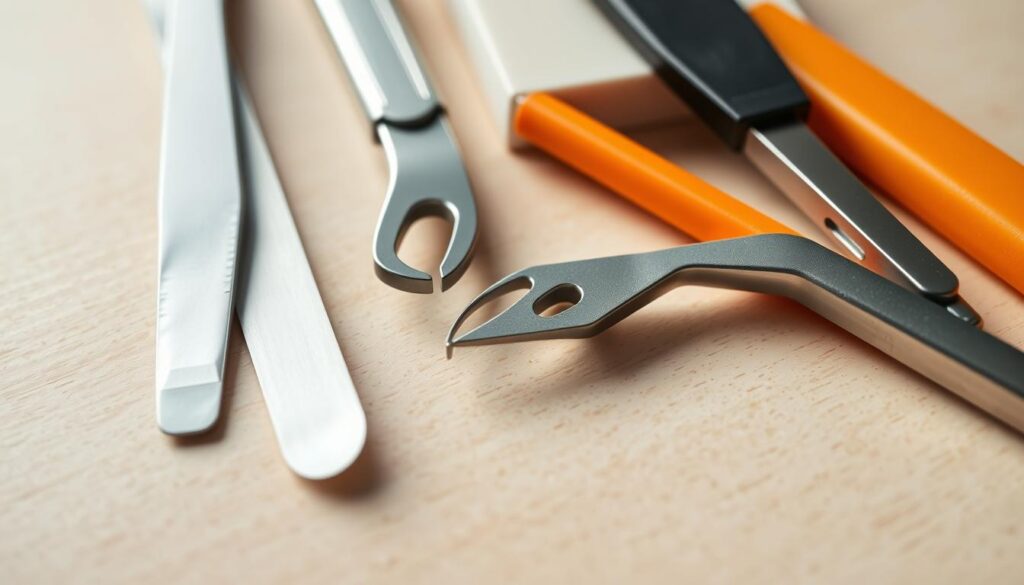 A well-lit, close-up still life of an assortment of nail preparation tools, including a nail file, cuticle nipper, cuticle pusher, buffer block, and orange stick, neatly arranged on a light-colored wooden surface. The tools have a clean, professional appearance, conveying a sense of care and attention to detail. The lighting is soft and diffused, creating subtle shadows and highlights that accentuate the textures and forms of the objects. The composition is balanced and visually appealing, inviting the viewer to examine the tools and consider their use in the safe removal of acrylic nails. A well-lit, close-up still life of an assortment of nail preparation tools, including a nail file, cuticle nipper, cuticle pusher, buffer block, and orange stick, neatly arranged on a light-colored wooden surface. The tools have a clean, professional appearance, conveying a sense of care and attention to detail. The lighting is soft and diffused, creating subtle shadows and highlights that accentuate the textures and forms of the objects. The composition is balanced and visually appealing, inviting the viewer to examine the tools and consider their use in the safe removal of acrylic nails.