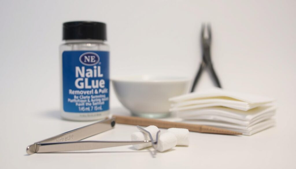 A well-lit, close-up still life of nail care supplies arranged on a clean, light-colored surface. In the foreground, a bottle of nail glue remover, tweezers, and cotton pads. In the middle ground, a nail file, cuticle pusher, and a small bowl of warm water. The background features a soft, out-of-focus, minimalist backdrop, creating a sense of focus and simplicity. The lighting is diffused and even, highlighting the textures and details of the products. The overall mood is one of order, care, and preparation, reflecting the section title "Preparation: Gathering Supplies and Protecting Your Nails". A well-lit, close-up still life of nail care supplies arranged on a clean, light-colored surface. In the foreground, a bottle of nail glue remover, tweezers, and cotton pads. In the middle ground, a nail file, cuticle pusher, and a small bowl of warm water. The background features a soft, out-of-focus, minimalist backdrop, creating a sense of focus and simplicity. The lighting is diffused and even, highlighting the textures and details of the products. The overall mood is one of order, care, and preparation, reflecting the section title "Preparation: Gathering Supplies and Protecting Your Nails".