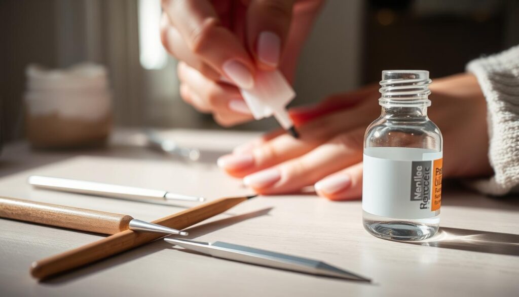 A well-lit, close-up still life scene showcasing safe nail glue removal methods. In the foreground, several tools are neatly arranged: a wooden cuticle pusher, a pair of tweezers, and a small bottle of nail glue remover. The middle ground features a hand gently applying the remover to the nails, with a soft, natural light illuminating the scene. The background is slightly blurred, emphasizing the focus on the removal process. The overall mood is one of precision, care, and attention to detail, conveying the importance of proper nail glue removal techniques. A well-lit, close-up still life scene showcasing safe nail glue removal methods. In the foreground, several tools are neatly arranged: a wooden cuticle pusher, a pair of tweezers, and a small bottle of nail glue remover. The middle ground features a hand gently applying the remover to the nails, with a soft, natural light illuminating the scene. The background is slightly blurred, emphasizing the focus on the removal process. The overall mood is one of precision, care, and attention to detail, conveying the importance of proper nail glue removal techniques.
