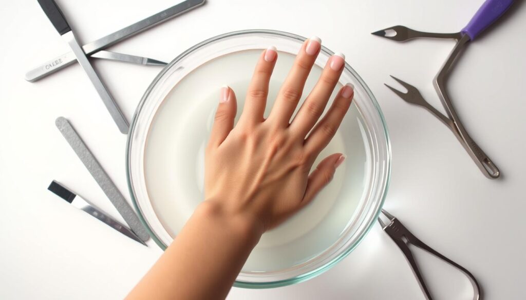 A well-lit, close-up studio photograph of a woman's hand submerged in a clear glass bowl filled with a transparent liquid, likely acetone. The hand is surrounded by various nail care tools such as nail files, clippers, and cuticle pushers. The background is a clean, uncluttered surface, allowing the focal point to be the hand and the acetone soak process. The lighting is soft and diffused, creating an even, shadowless illumination that highlights the details of the hand and the liquid. The overall mood is informative and instructional, conveying the steps involved in removing acrylic nails at home. A well-lit, close-up studio photograph of a woman's hand submerged in a clear glass bowl filled with a transparent liquid, likely acetone. The hand is surrounded by various nail care tools such as nail files, clippers, and cuticle pushers. The background is a clean, uncluttered surface, allowing the focal point to be the hand and the acetone soak process. The lighting is soft and diffused, creating an even, shadowless illumination that highlights the details of the hand and the liquid. The overall mood is informative and instructional, conveying the steps involved in removing acrylic nails at home.