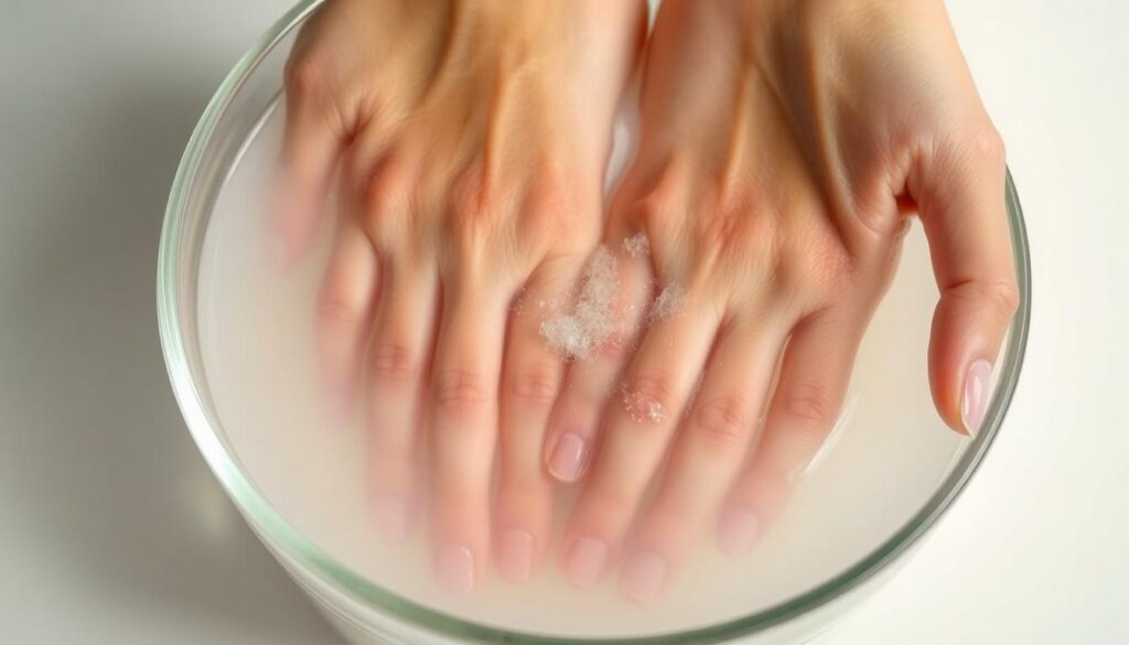 A well-lit, close-up view of an acetone soak for acrylic nail removal. The hands are submerged in a glass bowl filled with clear acetone solution, steam gently rising from the surface. Soft, diffused lighting illuminates the translucent nails, highlighting the gradual softening and separation of the acrylic layers. The background is a clean, minimalist setting, allowing the focal point of the acetone soak to take center stage. The overall scene conveys a sense of care and attention to detail in the nail removal process, with a clinical yet calming atmosphere.