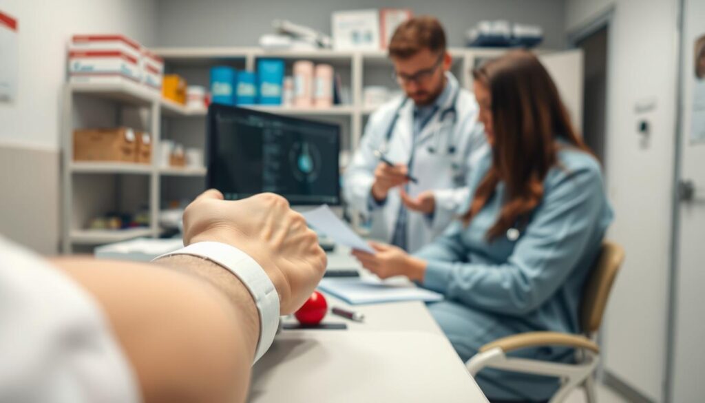 A well-lit, detailed medical scene showcasing the key aspects of health eligibility for blood donation. In the foreground, a close-up of a person's arm with a tourniquet and a nurse preparing to draw blood. In the middle ground, a medical professional consulting a checklist and computer screen, evaluating the donor's health status. In the background, shelves of blood donation supplies and medical equipment, conveying the clinical setting. The lighting is clean and bright, with a sense of professionalism and care. The overall tone is one of reassurance, conveying the importance of following proper health guidelines to ensure a safe and successful blood donation experience.