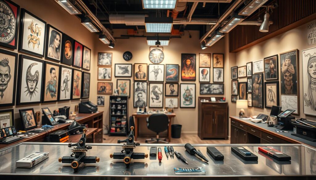 A well-lit, expansive tattoo artist's studio, featuring an array of framed portfolios showcasing their intricate designs. In the foreground, a selection of tattoo machines, inks, and other tools are neatly arranged on a clean, stainless steel counter, inviting the viewer to imagine the artistic process. The middle ground showcases a variety of tattoo artwork adorning the walls, ranging from bold, colorful pieces to delicate line work, capturing the diverse talents of the studio's artists. The background depicts a warm, inviting atmosphere, with soft lighting, wooden accents, and a relaxed, professional ambiance that puts the client at ease, ready to embark on their unique tattoo journey.