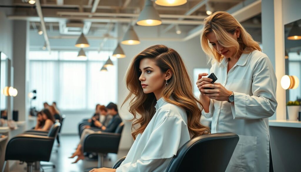 A well-lit hair salon interior, with modern styling stations and minimalist decor. In the foreground, a stylish model seated in a swivel chair, their freshly styled hair cascading in soft waves. The stylist, wearing a crisp white smock, stands beside them, holding styling tools and examining their work with a critical eye. In the background, other customers peruse magazines and sip beverages, creating a tranquil, relaxed atmosphere. Warm, diffused lighting from overhead fixtures casts a gentle glow, highlighting the shine and texture of the hair on display. The overall scene conveys a sense of expertise, professionalism, and the transformative power of a great haircut. A well-lit hair salon interior, with modern styling stations and minimalist decor. In the foreground, a stylish model seated in a swivel chair, their freshly styled hair cascading in soft waves. The stylist, wearing a crisp white smock, stands beside them, holding styling tools and examining their work with a critical eye. In the background, other customers peruse magazines and sip beverages, creating a tranquil, relaxed atmosphere. Warm, diffused lighting from overhead fixtures casts a gentle glow, highlighting the shine and texture of the hair on display. The overall scene conveys a sense of expertise, professionalism, and the transformative power of a great haircut.