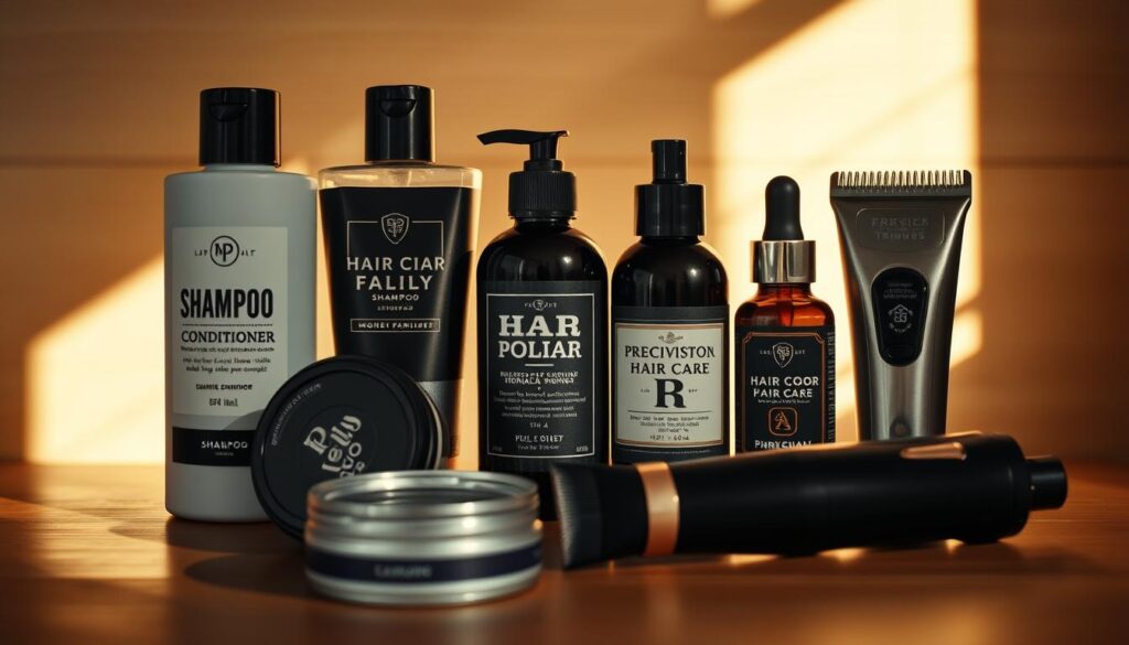 A well-lit, high-resolution close-up image of 7 essential hair care products for men, arranged neatly on a wooden surface. The products include a shampoo, conditioner, hair clay, pomade, wax, serum, and a precision trimmer. The lighting creates warm, natural shadows, highlighting the textures and colors of the products. The camera angle is slightly elevated, providing a detailed, unobstructed view of the items. The overall atmosphere conveys a sense of sophistication and grooming expertise.