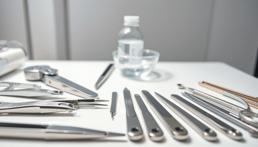 A well-lit, high-resolution close-up photograph of a professional nail removal tools setup. In the foreground, an array of metallic nail clippers, cuticle pushers, and files are neatly arranged on a clean, white surface. In the middle ground, a pair of tweezers and a small bowl of acetone solution stand ready. The background is slightly blurred, revealing a tidy, organized workspace with minimal distractions. The lighting is soft and even, creating a clinical yet welcoming atmosphere, perfectly suited for the delicate task of removing artificial nails. A well-lit, high-resolution close-up photograph of a professional nail removal tools setup. In the foreground, an array of metallic nail clippers, cuticle pushers, and files are neatly arranged on a clean, white surface. In the middle ground, a pair of tweezers and a small bowl of acetone solution stand ready. The background is slightly blurred, revealing a tidy, organized workspace with minimal distractions. The lighting is soft and even, creating a clinical yet welcoming atmosphere, perfectly suited for the delicate task of removing artificial nails.