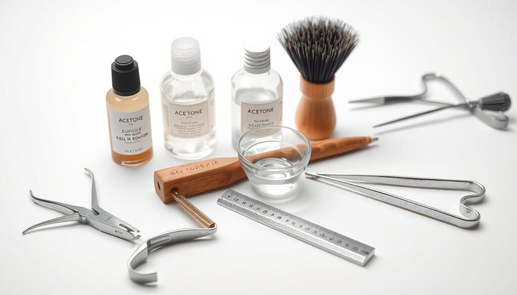 A well-lit, high-resolution image of various gel removal tools arranged on a clean, minimalist background. In the foreground, a set of sharp cuticle nippers, a wooden cuticle pusher, and a glass nail file. In the middle ground, a metal cuticle nipper, a cuticle remover solution, and a thick-bristled nail brush. In the background, a small bowl filled with acetone and a pair of sturdy tweezers. The lighting is soft and diffused, creating an even, professional-looking composition that highlights the textures and details of the tools. The overall mood is one of precision, care, and attention to detail, suitable for illustrating the "Tools and Supplies You'll Need" section of an article on removing gel X nails. A well-lit, high-resolution image of various gel removal tools arranged on a clean, minimalist background. In the foreground, a set of sharp cuticle nippers, a wooden cuticle pusher, and a glass nail file. In the middle ground, a metal cuticle nipper, a cuticle remover solution, and a thick-bristled nail brush. In the background, a small bowl filled with acetone and a pair of sturdy tweezers. The lighting is soft and diffused, creating an even, professional-looking composition that highlights the textures and details of the tools. The overall mood is one of precision, care, and attention to detail, suitable for illustrating the "Tools and Supplies You'll Need" section of an article on removing gel X nails.