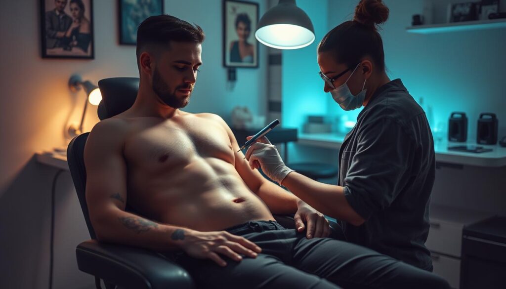 A well-lit, intimate tattoo studio scene. In the foreground, a client sits comfortably on a padded tattoo chair, their torso exposed as a skilled tattoo artist meticulously works on delicately inking a design onto their nipple. The artist's steady hand and focused expression convey the precision and care required for this sensitive procedure. Subtle ambient lighting creates a calming, professional atmosphere, while the background features clean, sterile tattoo equipment and supplies, hinting at the hygienic practices of the studio. An air of quiet concentration pervades the space, emphasizing the importance of this personal, transformative experience.