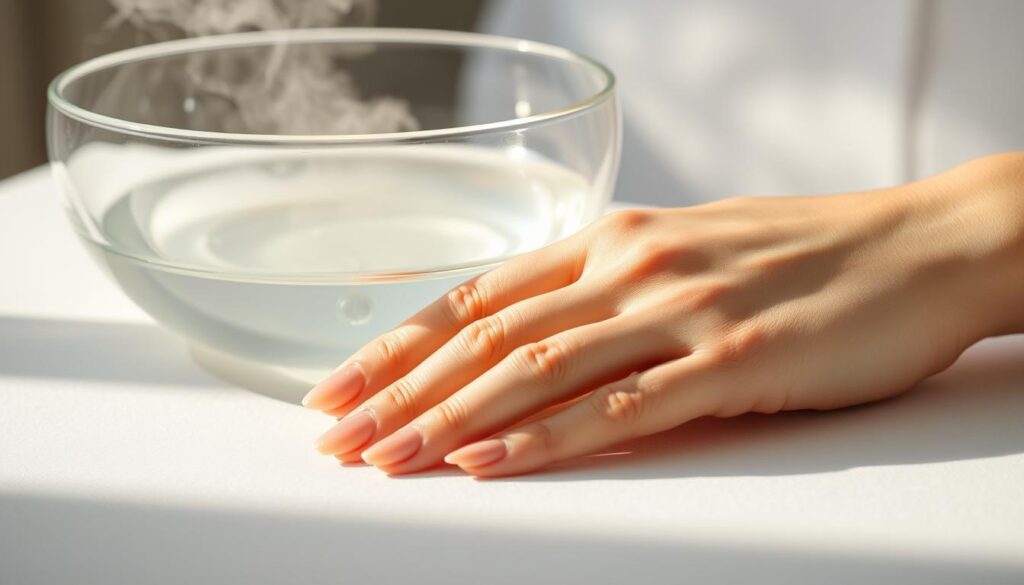 A well-lit manicured hand resting on a clean, white surface, the nails adorned with a semi-translucent gel polish. A glass bowl filled with a clear, glistening liquid sits nearby, steam gently rising from its surface. The scene is bathed in soft, diffused lighting, highlighting the delicate curves and contours of the fingers as they soak in the acetone-based solution, the process of carefully removing the gel polish gradually unfolding. A well-lit manicured hand resting on a clean, white surface, the nails adorned with a semi-translucent gel polish. A glass bowl filled with a clear, glistening liquid sits nearby, steam gently rising from its surface. The scene is bathed in soft, diffused lighting, highlighting the delicate curves and contours of the fingers as they soak in the acetone-based solution, the process of carefully removing the gel polish gradually unfolding.
