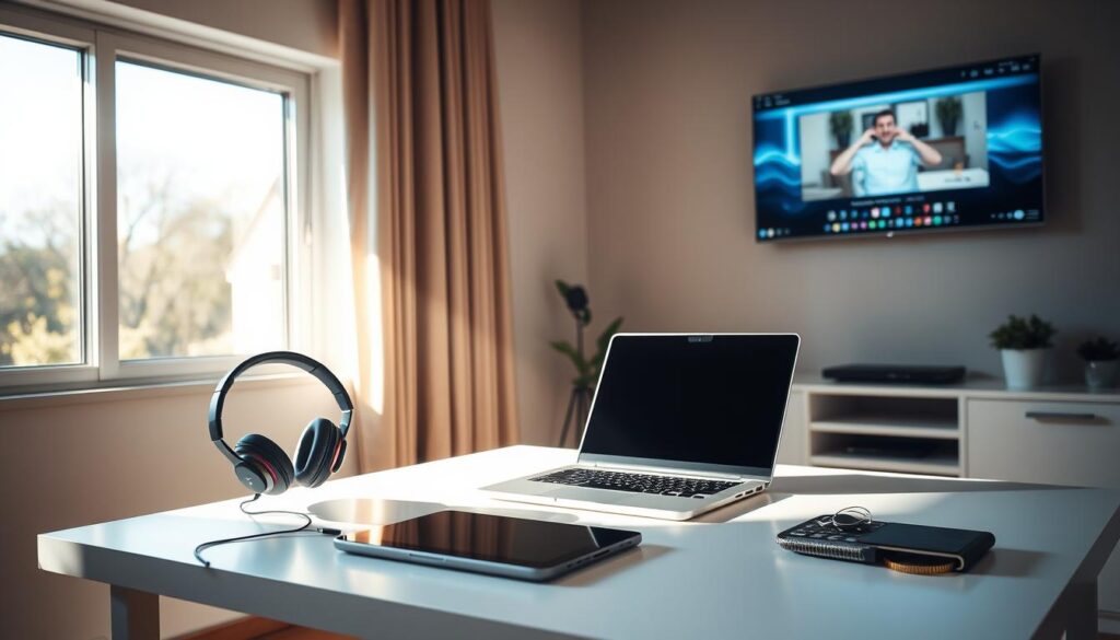 A well-lit, modern home office setup with a laptop, wireless headphones, and a digital tablet on a sleek, minimalist desk. Sunlight streams in through a large window, casting a warm, inviting glow over the scene. In the background, a wall-mounted monitor displays a video lecture, subtly hinting at the online learning experience. The overall atmosphere is one of focused productivity and technological integration, capturing the essence of "Utilizing Technology to Enhance Learning."