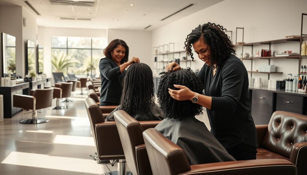 A well-lit, modern perm hair salon with plush leather chairs and sleek chrome accents. In the foreground, a stylist carefully sections and wraps a client's hair around perming rods, creating tight, uniform curls. The middle ground features a variety of perm-related tools and products, such as perm solution bottles and curling papers. The background showcases a minimalist, open-concept salon design with natural light streaming through large windows, creating a calming, spa-like atmosphere. The overall mood is one of precision, professionalism, and relaxation, conveying the expertise and care required for the perming process. A well-lit, modern perm hair salon with plush leather chairs and sleek chrome accents. In the foreground, a stylist carefully sections and wraps a client's hair around perming rods, creating tight, uniform curls. The middle ground features a variety of perm-related tools and products, such as perm solution bottles and curling papers. The background showcases a minimalist, open-concept salon design with natural light streaming through large windows, creating a calming, spa-like atmosphere. The overall mood is one of precision, professionalism, and relaxation, conveying the expertise and care required for the perming process.