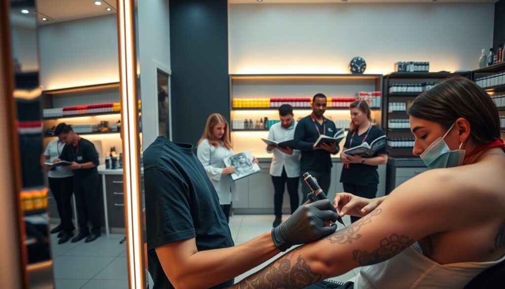 A well-lit, modern tattoo parlor with sleek, stainless steel equipment and sterile, white-tiled floors. In the foreground, a tattoo artist meticulously applying ink to a client's skin, their focused expression reflected in the mirror behind them. In the middle ground, customers peruse portfolios of intricate designs, while staff members in clean, professional attire assist them. The background features neatly organized shelves of inks, needles, and other regulated supplies, conveying a sense of safety and hygiene. Warm, indirect lighting creates a calming, clinical atmosphere, emphasizing the importance of following proper protocols in a regulated tattoo facility.