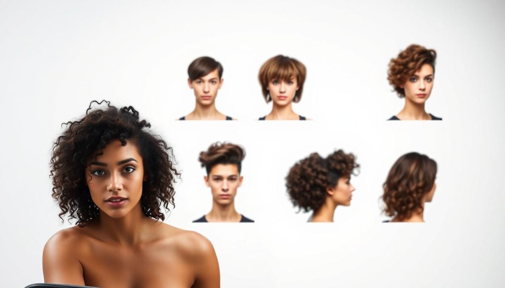 A well-lit, professional photograph showcasing the customization of a curly wolf cut hairstyle for different face shapes. In the foreground, a model with curly hair sits facing the camera, head tilted slightly to one side. Behind them, a series of smaller head portraits demonstrate how the hairstyle can be adapted to oval, round, square, and heart-shaped faces, each with subtle variations in length, layers, and volume. The lighting is soft and diffused, creating a sense of refinement and attention to detail. The background is a simple, clean studio setup that allows the subject to be the focal point. The overall mood is one of thoughtful experimentation and guidance, reflecting the article's focus on mastering the curly wolf cut for every face shape and curl type.