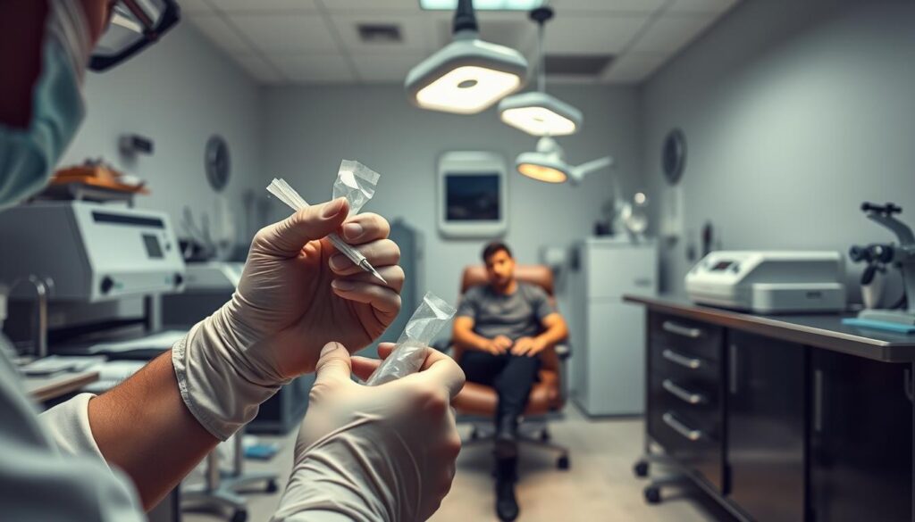 A well-lit, sterile tattoo studio with pristine medical equipment and supplies. In the foreground, a tattoo artist's hands carefully unwrapping a sealed sterile needle, disinfecting the skin, and preparing the tattoo machine. In the middle ground, a client seated comfortably, anxiously anticipating the process. The background depicts a clean, organized workspace with stainless steel surfaces, autoclaves, and medical-grade lighting, conveying a sense of professionalism and hygienic standards. The overall atmosphere is one of clinical precision, safety, and trust between the artist and the client.
