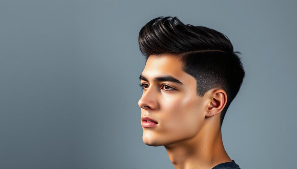 A well-lit studio portrait of a stylish young man showcasing a meticulously groomed "2.1 The Fade Haircut". The subject's dark hair is expertly tapered from short on the sides to longer on top, with a smooth gradient and clean lines. The lighting is soft and flattering, accentuating the model's sharp facial features and stylish demeanor. The background is a simple, neutral tone that allows the subject's haircut to be the focal point. The overall mood is one of modern masculinity and refined personal style, capturing the essence of the "Trending Styles for the Modern Man" section.