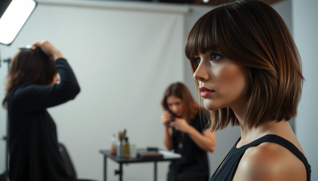A well-lit studio scene showcasing a step-by-step wolf cut hairstyling tutorial. In the foreground, a model with shoulder-length hair demonstrates the cutting and layering techniques, their features softly lit from the side. The middle ground features an array of professional styling tools - scissors, combs, and brushes - arranged neatly. In the background, a minimalist backdrop in muted tones provides a clean, uncluttered setting to focus attention on the hairstyling process. The overall mood is one of informative demonstration, with a touch of fashion editorial styling to elevate the visual appeal.
