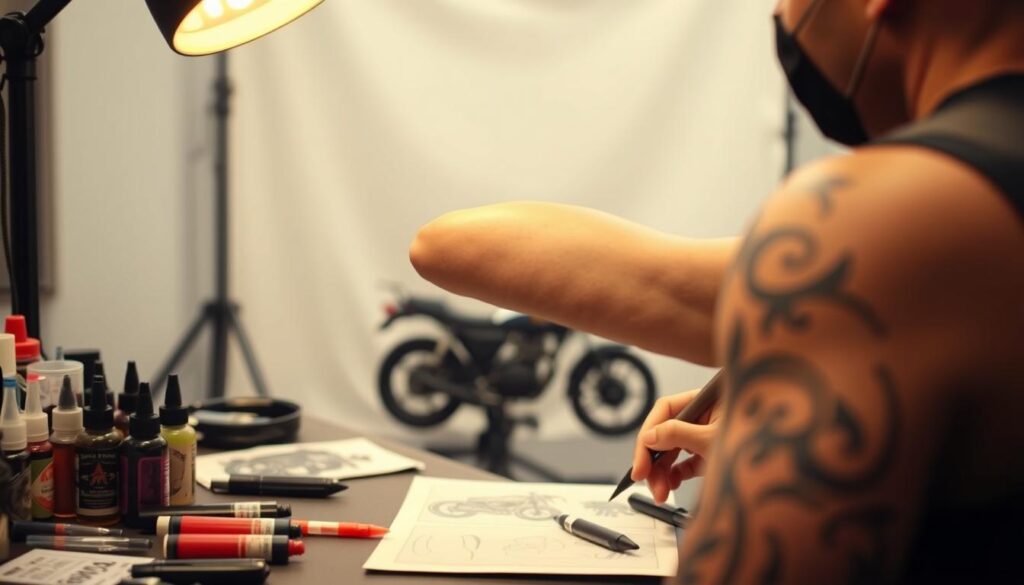 A well-lit studio setting, showcasing the preparation for a motorcycle-themed tattoo. In the foreground, a tattoo artist's workstation with an assortment of inks, needles, and stencils, hinting at the intricate designs to come. The middle ground features a model's arm, partially exposed, revealing the outline of a motorcycle silhouette against a clean, white background, capturing the anticipation of the tattoo process. The background subtly blurs, focusing the viewer's attention on the intimate, precise moment of tattoo preparation, evoking a sense of professionalism and care in the process.