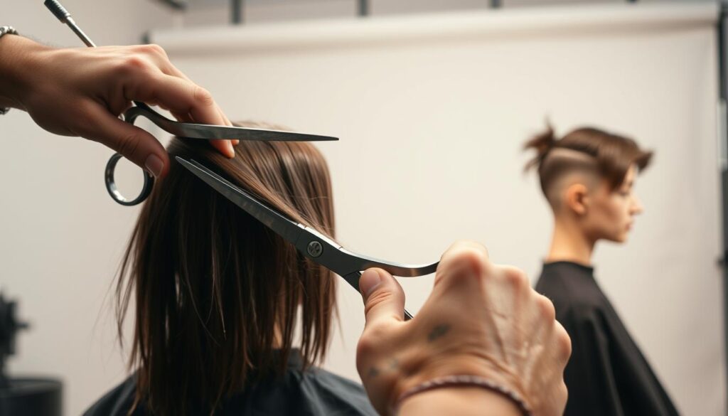 A well-lit studio setting, showcasing the techniques of professional and at-home hair cutting. In the foreground, a close-up view of skilled hands wielding sharp scissors, snipping through strands with precision. In the middle ground, a model with a stylized, modern haircut, providing a clear example of the final result. The background features a minimalist, neutral-toned backdrop, allowing the subject to take center stage. The overall atmosphere is one of focus, attention to detail, and the contrast between the two approaches to hair grooming. A well-lit studio setting, showcasing the techniques of professional and at-home hair cutting. In the foreground, a close-up view of skilled hands wielding sharp scissors, snipping through strands with precision. In the middle ground, a model with a stylized, modern haircut, providing a clear example of the final result. The background features a minimalist, neutral-toned backdrop, allowing the subject to take center stage. The overall atmosphere is one of focus, attention to detail, and the contrast between the two approaches to hair grooming.