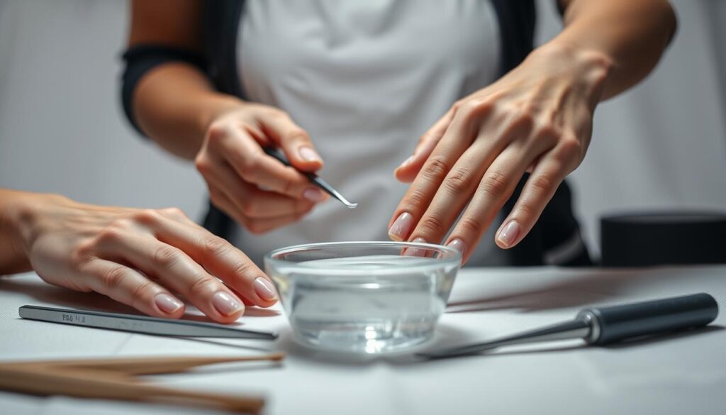 A well-lit studio setting with a close-up view of a person's hands carefully preparing their nails for gel application. The foreground features clean, buffed nails, nail files, and a small bowl of warm soapy water. The middle ground shows the person gently pushing back and trimming their cuticles using specialized tools. The background has a simple, minimalist backdrop, creating a calming, focused atmosphere. The lighting is soft and diffused, accentuating the intricate details of the nail preparation process. The overall composition emphasizes the precision and care required for this essential step in achieving a flawless gel manicure. A well-lit studio setting with a close-up view of a person's hands carefully preparing their nails for gel application. The foreground features clean, buffed nails, nail files, and a small bowl of warm soapy water. The middle ground shows the person gently pushing back and trimming their cuticles using specialized tools. The background has a simple, minimalist backdrop, creating a calming, focused atmosphere. The lighting is soft and diffused, accentuating the intricate details of the nail preparation process. The overall composition emphasizes the precision and care required for this essential step in achieving a flawless gel manicure.