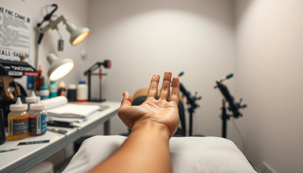 A well-lit studio setting, with a tattoo artist's workstation in the foreground. Sterile medical supplies, inks, and tattoo machines are neatly arranged, exuding a sense of professionalism. In the middle ground, a person's hand rests on a clean, padded surface, fingers spread, ready for the artist's careful touch. Soft, diffused lighting from above casts a warm, comforting glow, creating an atmosphere of trust and tranquility. The background features a clean, minimalist wall, providing a simple, uncluttered backdrop to focus attention on the hand and the upcoming tattoo session.