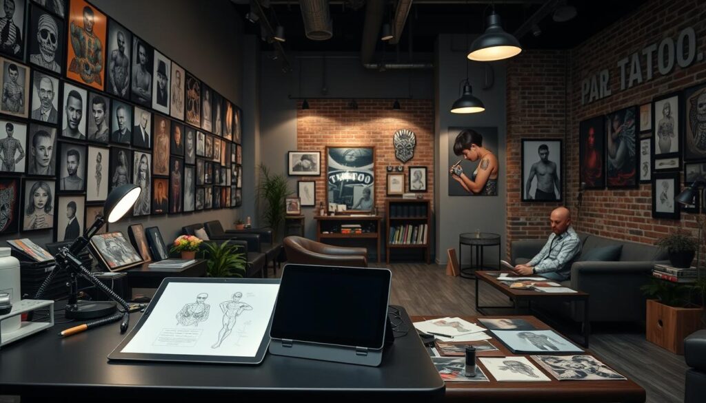 A well-lit studio setting with an array of tattoo artist portfolios and artwork displayed on the walls. In the foreground, a tattoo artist's workstation with various tools, inks, and a sleek, modern tablet for sketching designs. The middle ground features a client consultation area with comfortable chairs and a coffee table showcasing more tattoo samples and reference materials. The background has a muted, industrial-chic ambiance with exposed brick walls, pendant lighting, and a view of the tattoo artist at work, capturing the creative energy of the space. The overall scene conveys a professional, inviting, and visually engaging environment for selecting the perfect tattoo artist.
