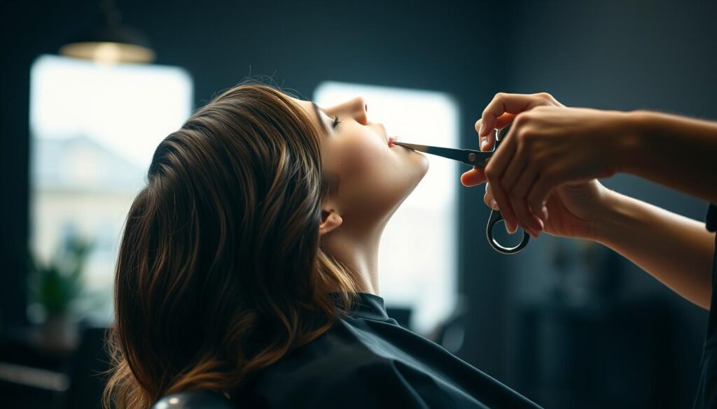 A well-lit studio shot of a person sitting in a salon chair, their head tilted back as a skilled hairstylist carefully sections and cuts their hair. The stylist's hands are in focus, wielding sharp shears and delicately layering the client's tresses. Soft, diffused lighting illuminates the scene, casting gentle shadows that accentuate the layers and texture of the hair. The client's expression is one of calm concentration, reflecting the care and expertise of the stylist. The background is blurred, allowing the viewer to focus on the intricate process of achieving a beautifully layered hairstyle.